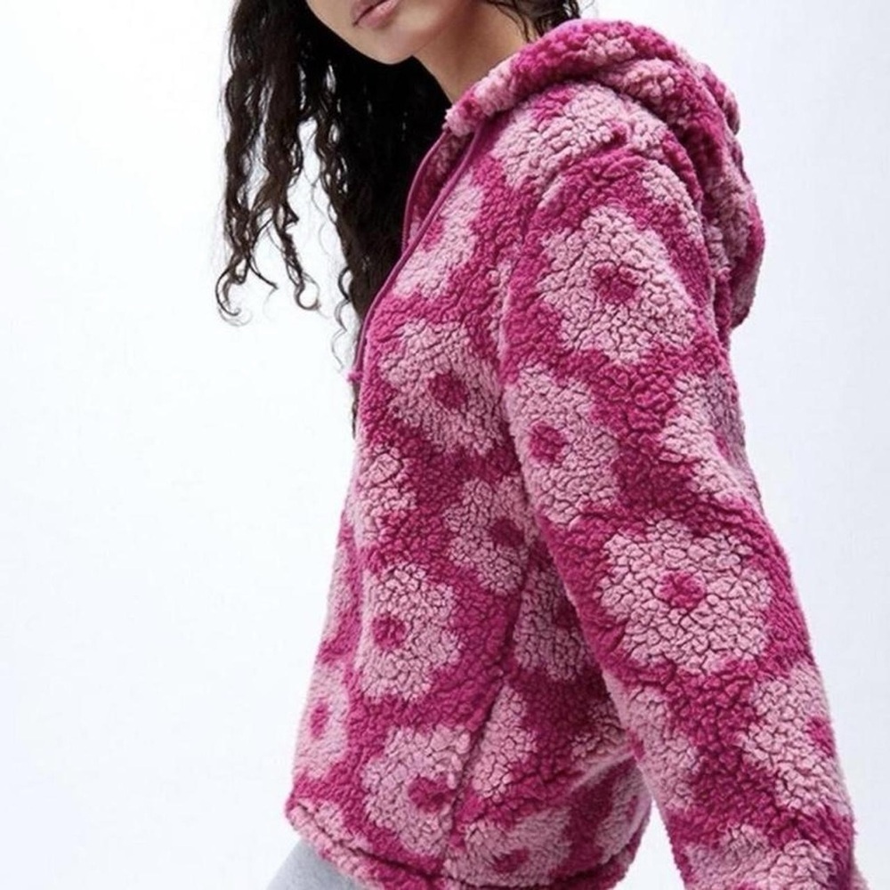 Pacsun pink fuschia floral daisy pattern teddy full zip hooded coat womens large - Picture 2 of 5